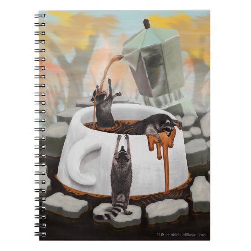 Three Raccoons Bathing in Coffee Lined Notebook