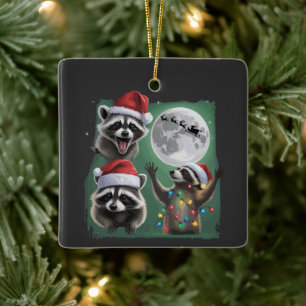 Three Raccoons With The Moon Galaxy Christmas Ceramic Ornament