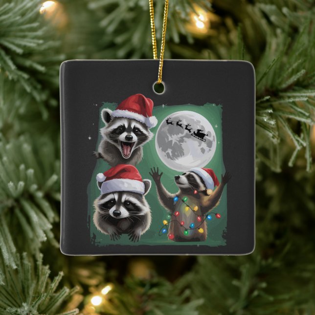Three Raccoons With The Moon Galaxy Christmas  Ceramic Ornament (Tree)