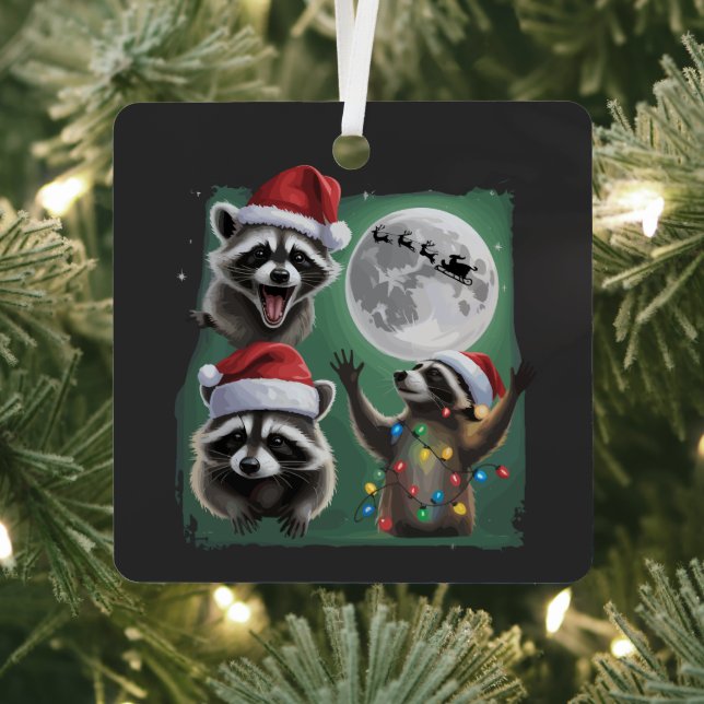 Three Raccoons With The Moon Galaxy Christmas  Metal Ornament (Insitu)