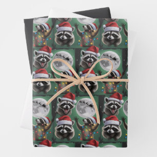 Three Raccoons With The Moon Galaxy Christmas  Wrapping Paper Sheets