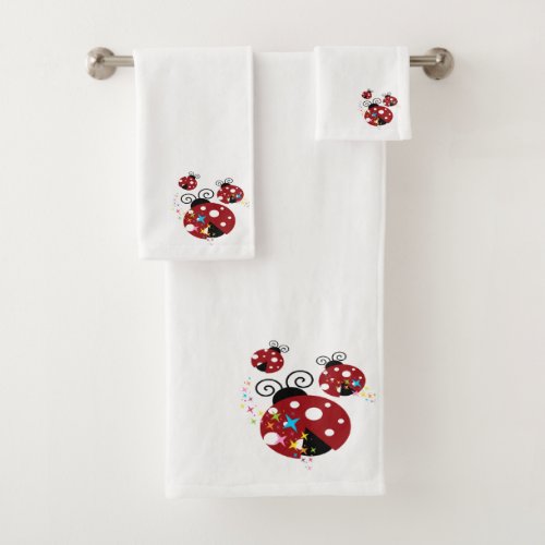 Three red and black ladybug with stars bath towel set