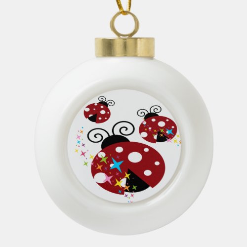 Three red and black ladybug with stars ceramic ball christmas ornament