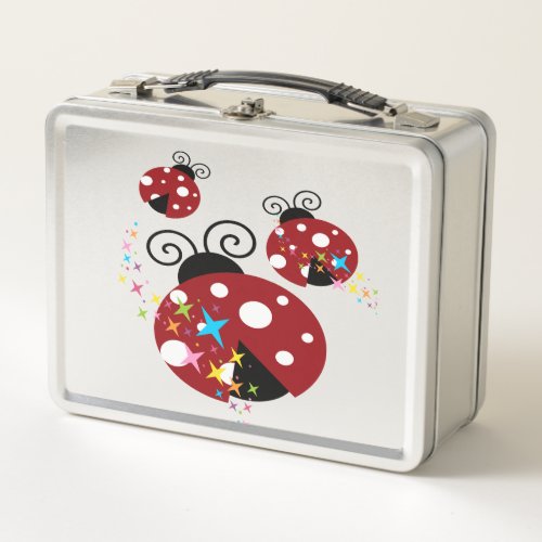 Three red and black ladybug with stars metal lunch box