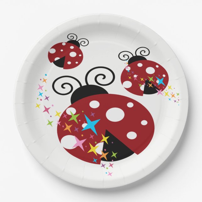 Three red and black ladybug with stars paper plates (Front)