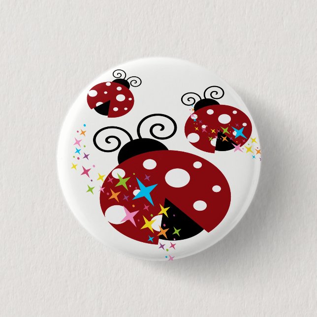 Three red and black ladybug with stars pinback button (Front)