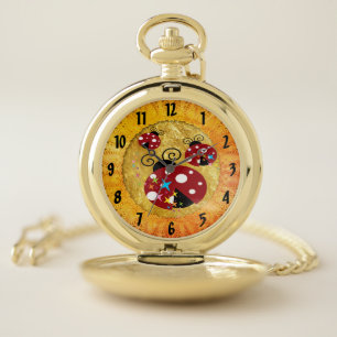 Three red and black ladybug with stars pocket watch