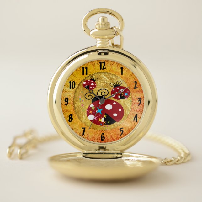 Three red and black ladybug with stars pocket watch (Inside)