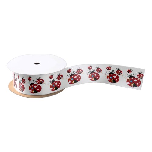 Three red and black ladybug with stars satin ribbon