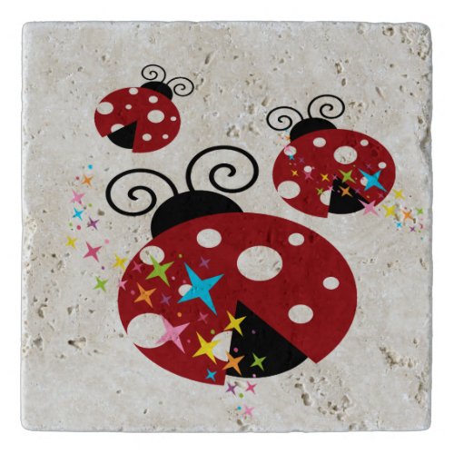 Three red and black ladybug with stars trivet