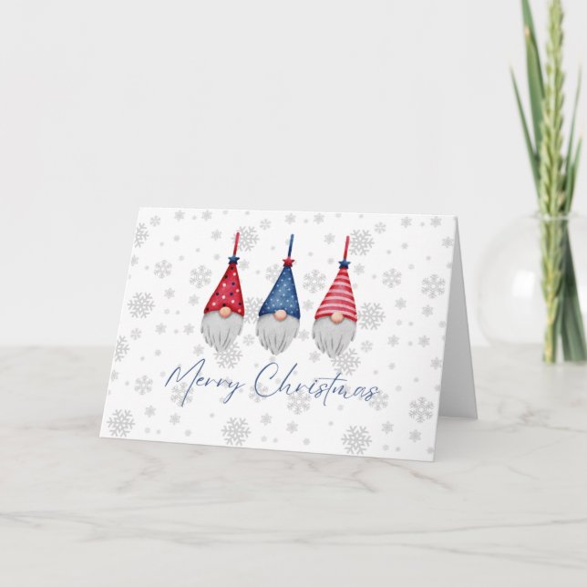 Three Red Blue Gnomes Merry Christmas Snowflakes  Card (Front)