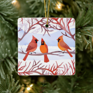 Three Red Cardinals in Snowy Branches Ceramic Ornament