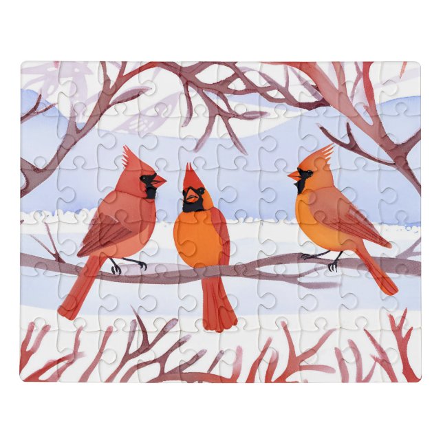Three Red Cardinals in Snowy Branches Jigsaw Puzzle (Puzzle Horizontal)