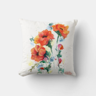 Three red long stemmed poppies watercolor throw pillow