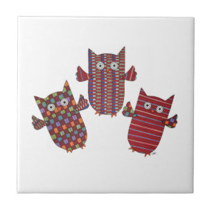 Three Red Owls Ceramic Tile