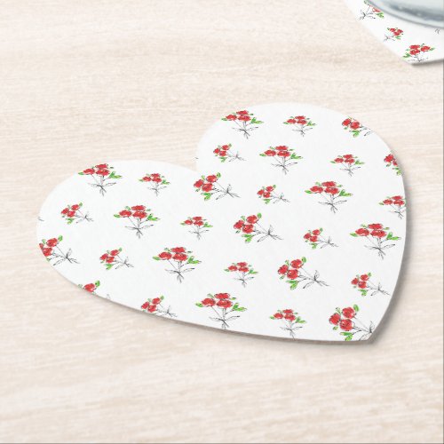 Three Red Roses Bouquet  Heart Shaped Paper Coaster