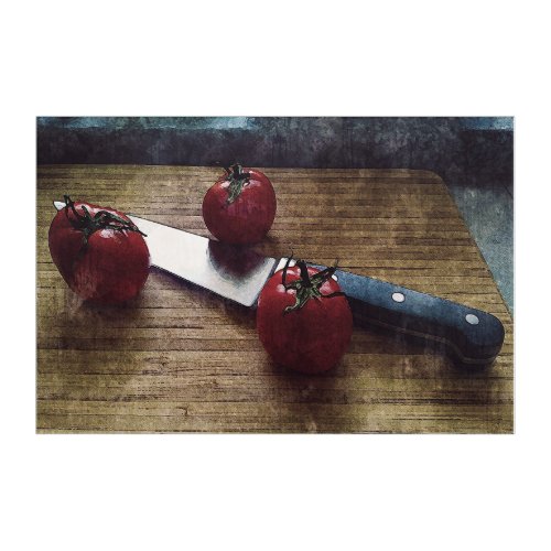 Three red tomatoes on a chopping board   acrylic print
