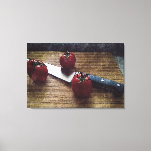 Three red tomatoes on a chopping board   canvas print