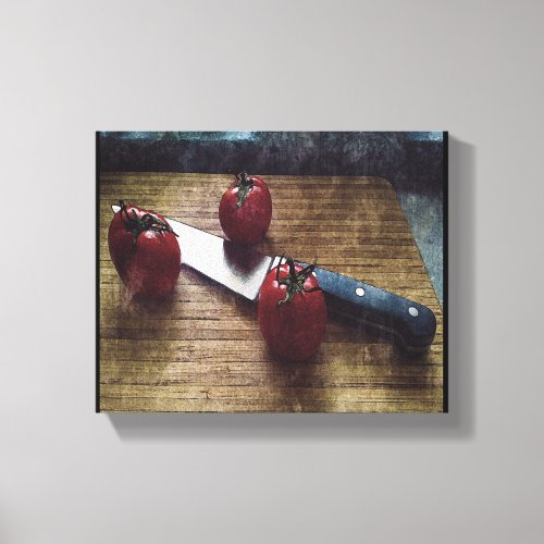 Three red tomatoes on a chopping board   canvas print