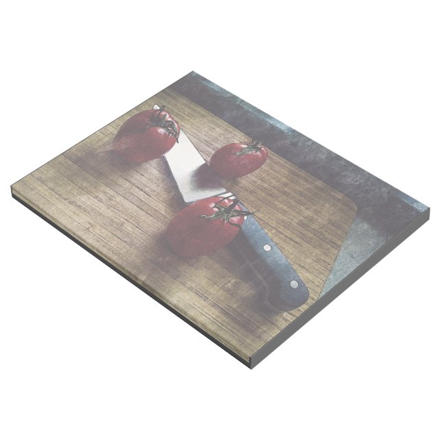 Three red tomatoes on a chopping board   gallery wrap (3/4)