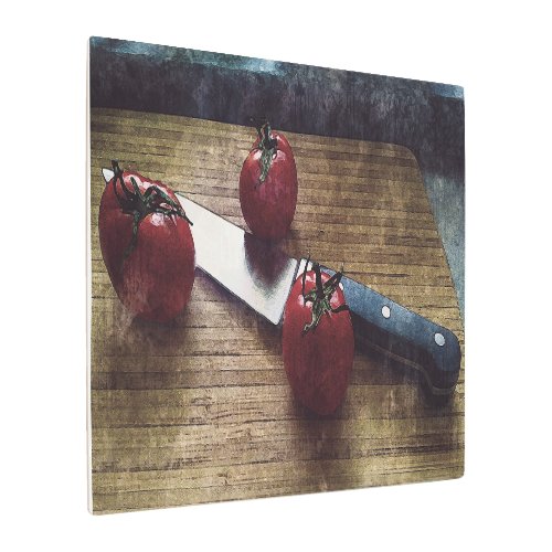 Three red tomatoes on a chopping board  metal print