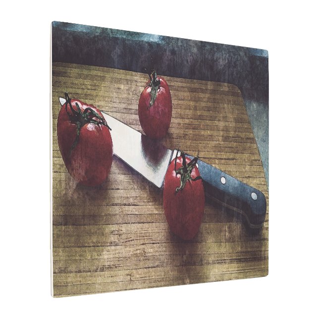 Three red tomatoes on a chopping board  metal print (Angled)