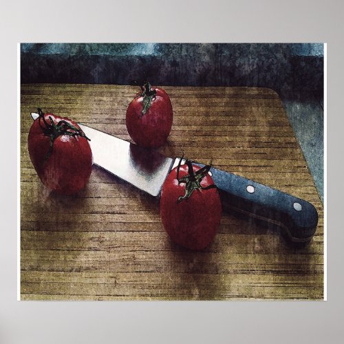 Three red tomatoes on a chopping board poster