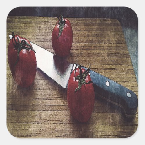 Three red tomatoes on a chopping board   square sticker