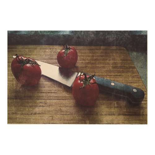 Three red tomatoes on a chopping board   wood wall art