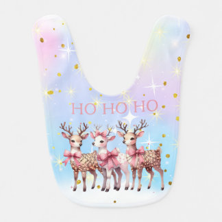 Three Reindeer in Pink Bows and Lights Baby Bib
