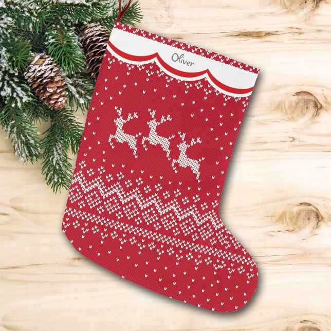 Three Reindeer Red Nordic Pattern Large Christmas Stocking (Creator Uploaded)
