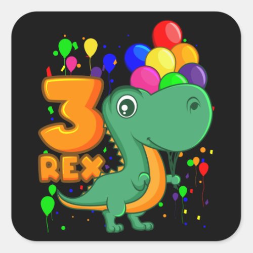 THREE REX 3 Year Old 3rd Birthday Boy Dino Square Sticker