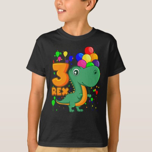 THREE REX 3 Year Old 3rd Birthday Boy Dino T_Shirt