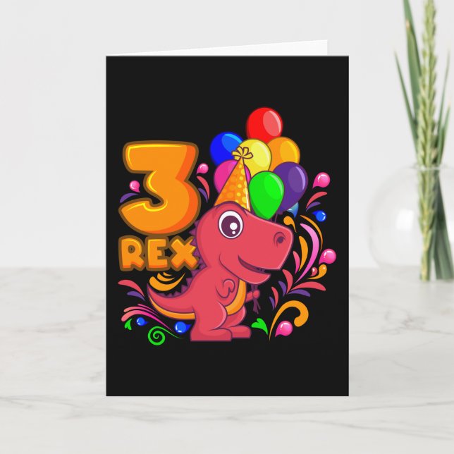 THREE REX 3 Year Old 3rd Birthday Girl Dino Card (Front)