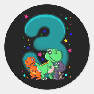 THREE REX 3 Year Old 3rd Birthday Kids Dino Classic Round Sticker