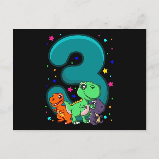 THREE REX 3 Year Old 3rd Birthday Kids Dino Postcard (Front)