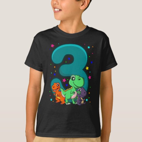 THREE REX 3 Year Old 3rd Birthday Kids Dino T_Shirt