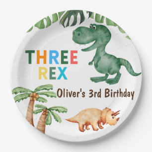 Three-rex 3rd birthday party paper plates