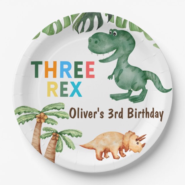 Three-rex  3rd birthday party paper plates (Front)