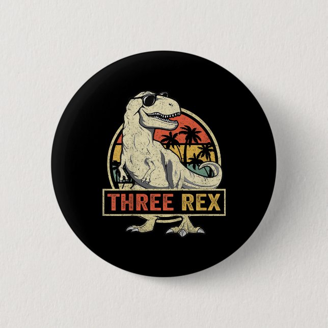 Three Rex 3rd Birthday Shirt Third Dinosaur 3 Year Button (Front)