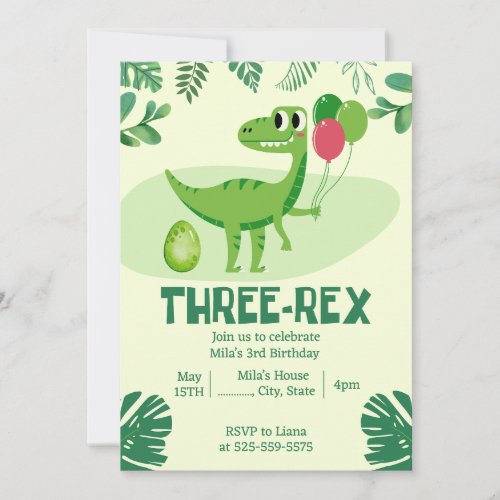 Three Rex 3rd Dinosaur Birthday invitation
