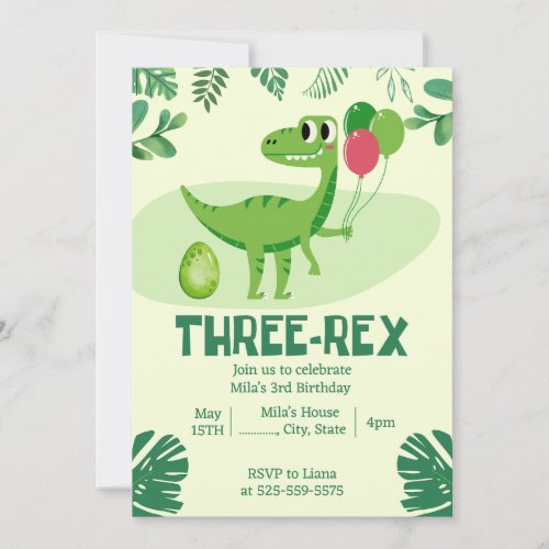 Three Rex 3rd Dinosaur Birthday invitation