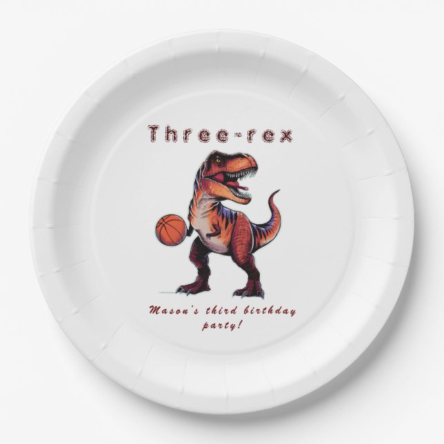 Three-Rex basketball Dino birthday   Paper Plates (Front)