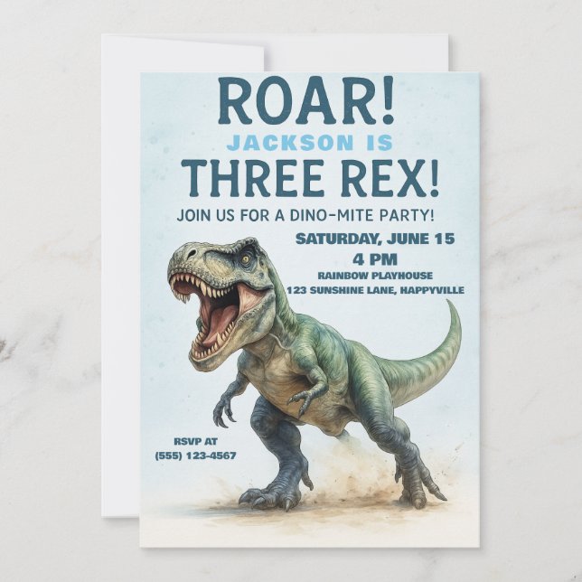 Three Rex Birthday - Boys T-Rex Dinosaur Bday Invitation (Front)