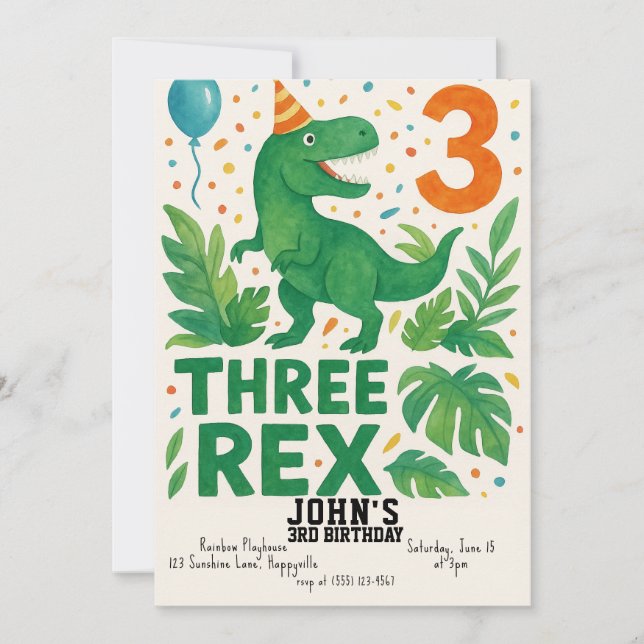 Three Rex Birthday Invitation Boy – Dinosaur 3rd  (Front)