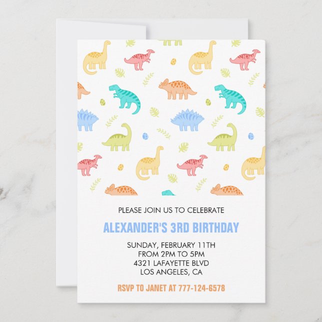 Three rex birthday invitation boy third colorful (Front)