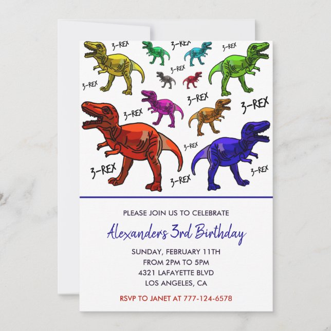 Three rex birthday invitation colorful boy  (Front)