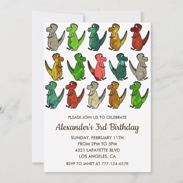 Three rex birthday invitation colorful white (Front)