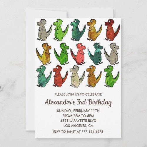 Three rex birthday invitation colorful white