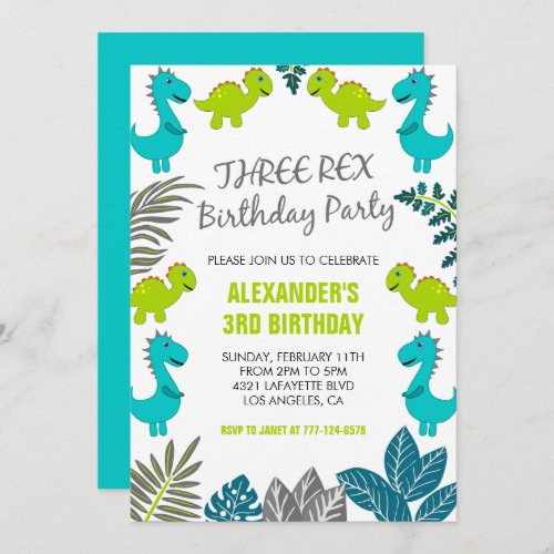 Three rex birthday invitation dinosaur 3rd Cool